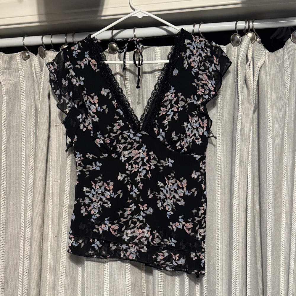 Floral Black Top with Lace Trim
